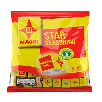 Colorful Maggi Star Seasoning cube packet in yellow and red, showing the Maggi logo and that it contains 100 cubes.