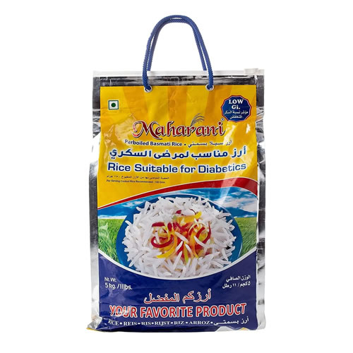 Maharani Parboiled Basmati Rice Premium Extra Long Grain Bag - Imavug Bag of Maharani parboiled basmati rice with a bowl of cooked rice on the front; text includes 'Rice Suitable for Diabetics' and 'Low GI' on a yellow-blue package.