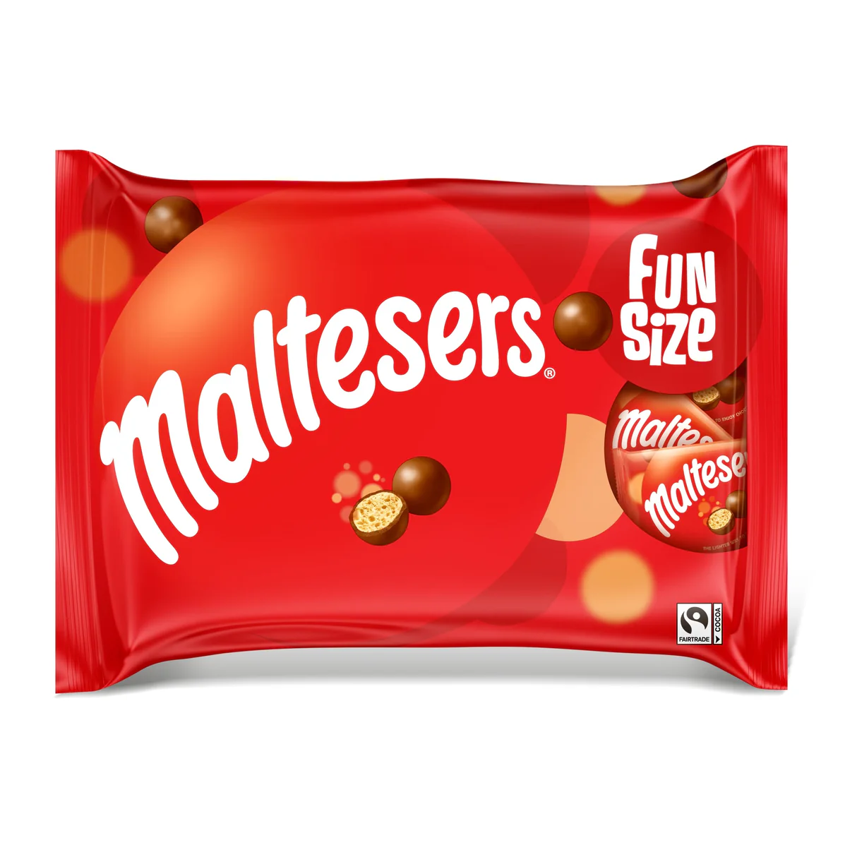 Maltesers Chocolate Candy - Imavug Red Maltesers Fun Size bag with large white Maltese rs logo and chocolate-covered balls; candy packaging shown full shot.