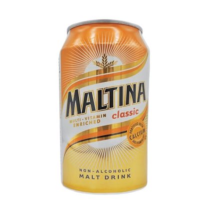 Maltina Classic non-alcoholic malt drink can with orange-yellow gradient and bold logo on front panel.