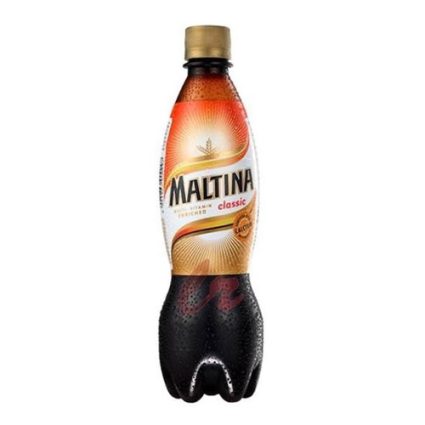 Maltina Classic malt drink bottle with orange–white label and gold cap on white background.