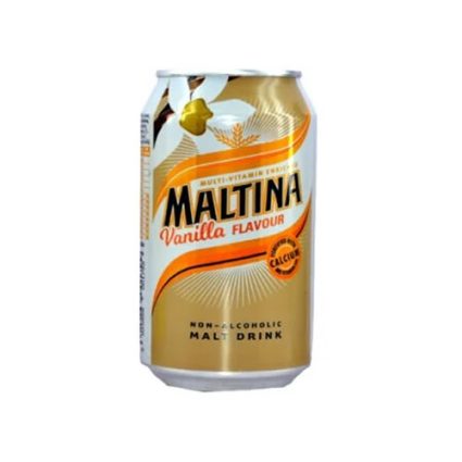 Can of Maltina vanilla-flavored non-alcoholic malt drink with gold and white packaging and Maltina logo.