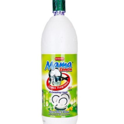 White plastic bottle of Mama Lemon dishwashing liquid with a green label and lemon fragrance (1100 ml).