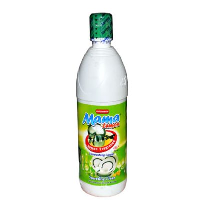 Bottle of Mama Lemon dishwashing liquid with a green label and lemon imagery, white cap.