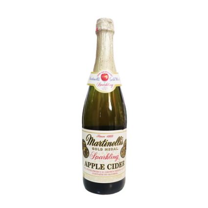 Bottle of Martinelli's Sparkling Apple Cider with a gold foil cap and cream label.