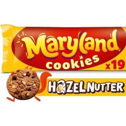 Maryland cookies Hazelnutter packaging in bright yellow and red, featuring a chocolate hazelnut cookie and the text 'Maryland cookies' with 'Hazelnutter' and 'x19' on the wrapper.