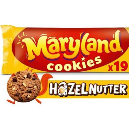 Maryland Cookies Hazelnut - Imavug Maryland cookies Hazelnutter packaging in bright yellow and red, featuring a chocolate hazelnut cookie and the text 'Maryland cookies' with 'Hazelnutter' and 'x19' on the wrapper.