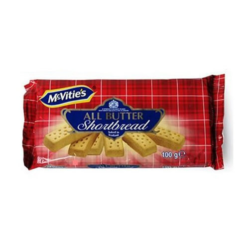 McVities All Butter Shortbread 100g - Imavug Red McVitie's All Butter Shortbread biscuit package with images of shortbread slices on the front.