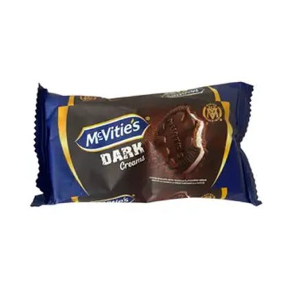 Package of McVitie's Dark Creams chocolate biscuits in a blue wrapper and bagged packaging.