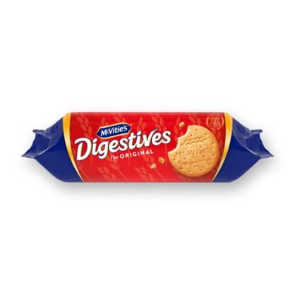 Red package of McVitie's Digestives biscuits with the 'Digestives' logo and a round biscuit image on the right side.