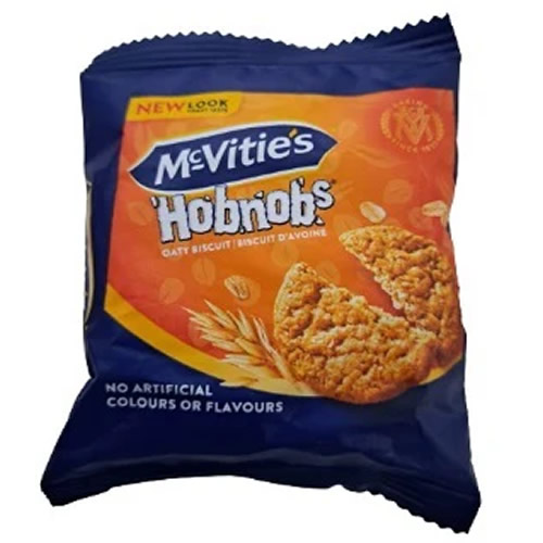 McVities Hobnob Biscuits 45g - Imavug Blue and orange McVitie's Hobnobs snack bag featuring a close-up of a biscuit and oats; includes text 'No artificial colours or flavours'