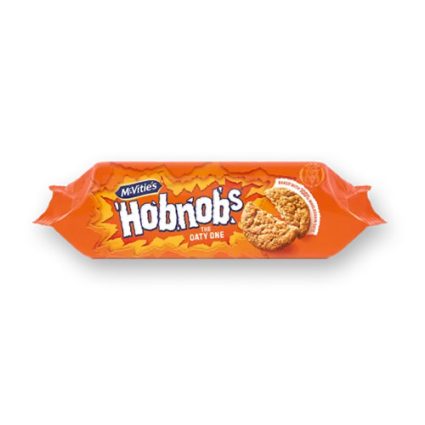 Orange packaging for McVitie's Hobnobs 'The Oaty One' with a cookie image on the wrapper.