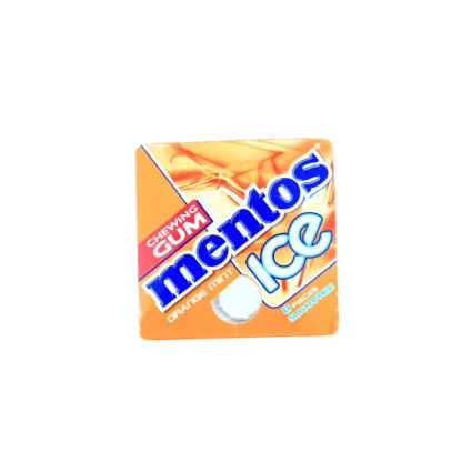 Orange Mint Mentos Ice chewing gum pack with blue branding and white gum piece image on orange wrapper (8 pieces)