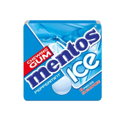 Menthos Mentos Peppermint chewing gum pack (8 pieces, sugar-free) in blue packaging with red CHEWING GUM label.
