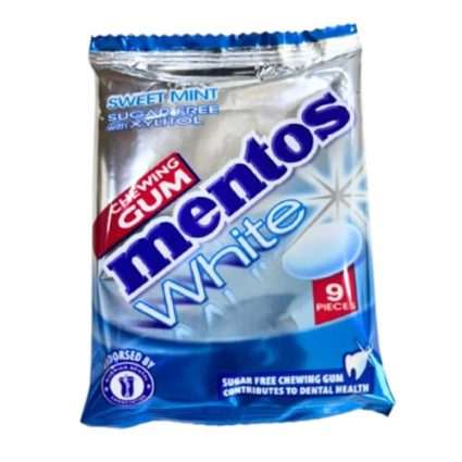 Mentos White sugar-free chewing gum bag in Sweet Mint flavor, 9 pieces (package shows blue and white design).