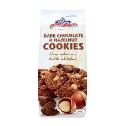 Merba Dark Chocolate & Hazelnut Cookies package with cookies and hazelnuts on the front. (200 g)