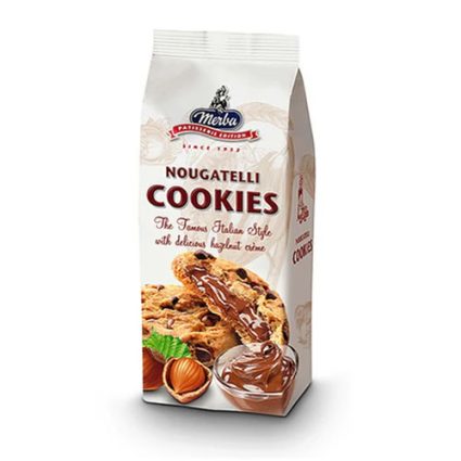 Bag of Merba Nougatelli Cookies, Italian-style cookies with hazelnut cream; front shows a chocolate-dipped cookie and hazelnuts.