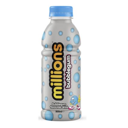 500 ml bottle of Millions bubblegum drink with blue bubbles pattern on a silver bottle and blue cap