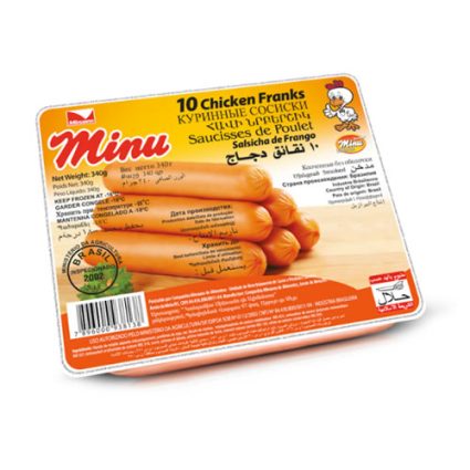 Minu 10 Chicken Franks sausage package with orange label and cartoon chef on white background, dimensions ~340 g.