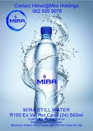 Bottle of MIRA Still Water with splashing water and blue background; visible MIRA logo and text noting price/pack: 'R100 EX VAT Per Case 24x500ml'