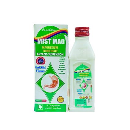 Box and bottle of Campharm Mist Mag magnesium trisilicate antacid suspension with cool mint flavor; packaging shows a stomach illustration and product info