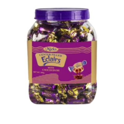 Jar with purple lid filled with purple-and-gold wrapped Eclairs candy; label shows 'Eclairs'.