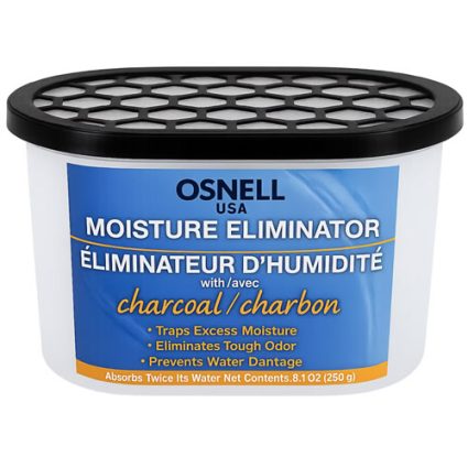 Osnell Moisture Eliminator container with charcoal, a dehumidifier that absorbs excess moisture to prevent dampness (8.1 oz/250 g).