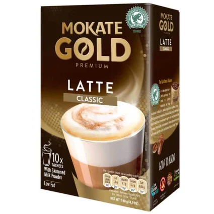 Box of Mokate Gold Premium Latte Classic coffee mix with a frothy latte in a cup on the front