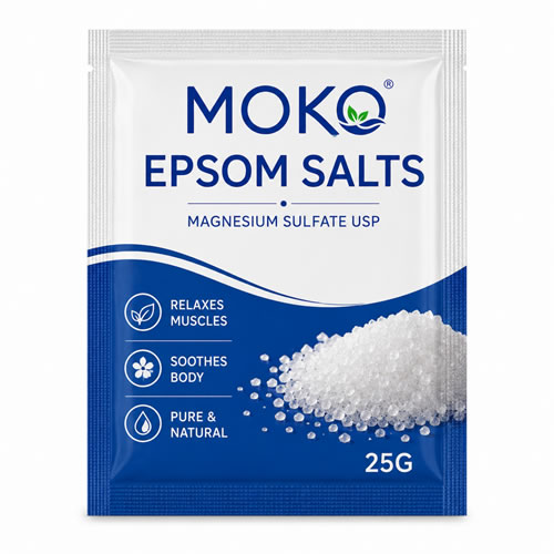 Moko Epsom Salts 25g Pure Magnesium Sulfate Crystals - Imavug Packaging for MOKO Epsom Salts, magnesium sulfate USP, blue-and-white pouch, 25 g