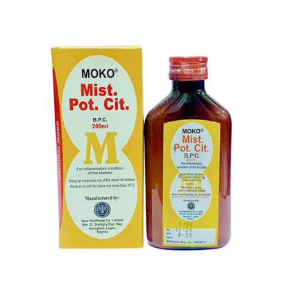 Box and brown bottle labeled MOKO Mist. Pot. Cit. B.P.C. 200 ml, a bladder irritation remedy.