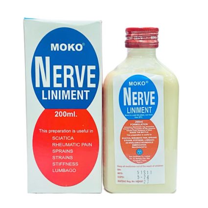 Bottle and box of MOKO NERVE LINIMENT, 200 ml, used for relief from sciatic and rheumatic pain.