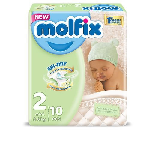 Molfix Diapers Size 2 Mini 3-6kg Pack of 10 - Imavug Molfix baby diapers box, size 2 (3–6 kg), 10 pcs, Air-Dry logo, features a sleeping baby image