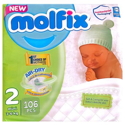 Molfix diaper package with a sleeping baby on the right; size 2 mini (3–6 kg), 106 diapers in the box.