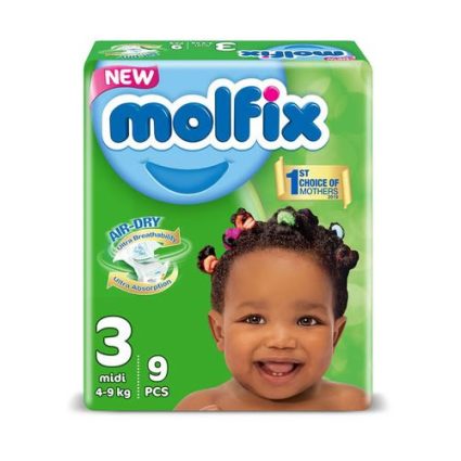 Package of Molfix baby diapers, size 3 midi, 9 pieces, with a smiling toddler on a green package and the brand logo visible