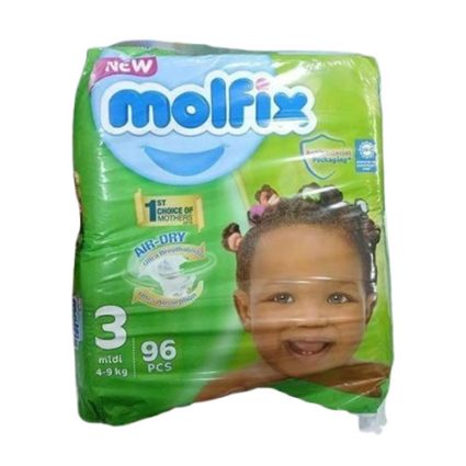 Molfix diaper pack for babies, size 3 (4–9 kg), 96 pieces, green package with a smiling baby image on the front.