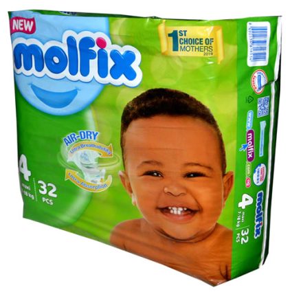Molfix diaper pack, size 4, 32 diapers, green packaging with a smiling baby on the front.