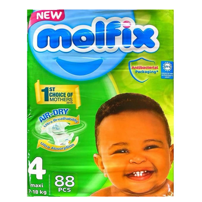 Molfix Diapers Size 4 Maxi 7-18kg 88pcs - Imavug Molfix diaper package, size 4 (7–18 kg), 88 diapers, with a smiling baby on the green package