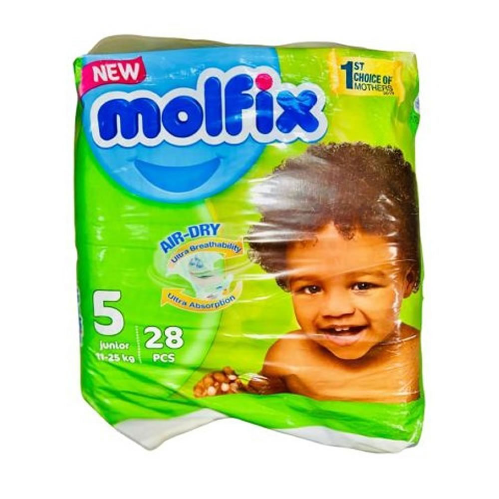 Molfix Diapers Size 5 Junior 11-25kg 28pcs - Imavug Molfix baby diapers package, size 5 junior (11–25 kg), 28 pcs, with a smiling toddler on a bright green background.