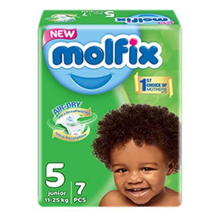 Green Molfix diaper package for toddlers, featuring a smiling child; displays '5 junior 11-25 kg' and '7 PCS', with brand elements and 'Air-Dry' feature.