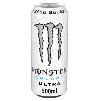 Can of Monster Energy Ultra Zero Sugar, white with the large claw logo and 500 ml capacity
