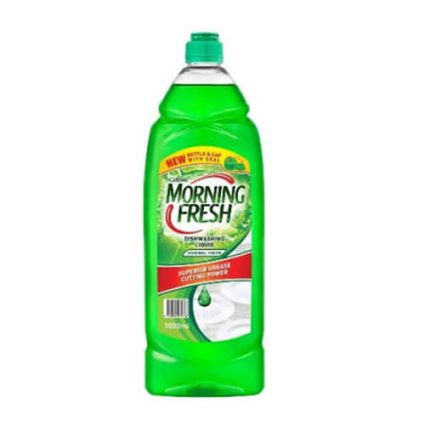 Morning Fresh dishwashing liquid bottle with green cap and label against a white background