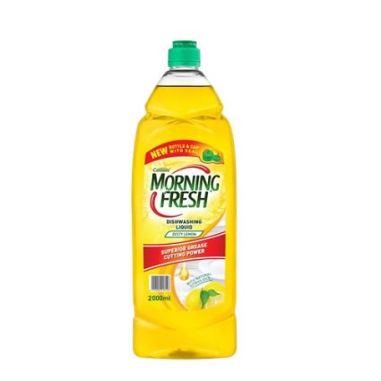Morning Fresh dishwashing liquid in a yellow 2L bottle with green cap and lemon label (dish soap)
