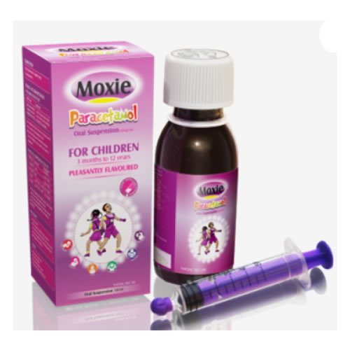 Moxie Paracetamol Syrup 120mg-5ml 100ml - Imavug Box and bottle of Moxie Paracetamol for children (1 month to 12 years) with a purple label and a dosing syringe on a white background.