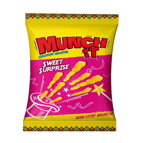 Munch It Sweet Surprise 40g - Imavug Colorful snack bag for MUNCH IT Sweet Surprise showing yellow top and pink center with illustrated snack sticks.