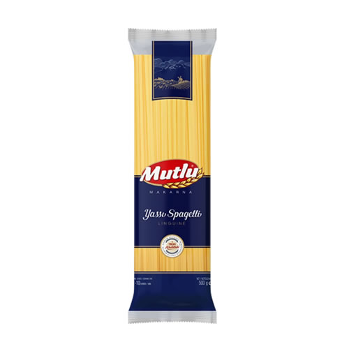 Mutlu Makarna Spaghetti Pasta 500g Pack - Imavug Mutlu brand spaghetti pasta package with yellow pasta and dark blue label and logo visible on front.