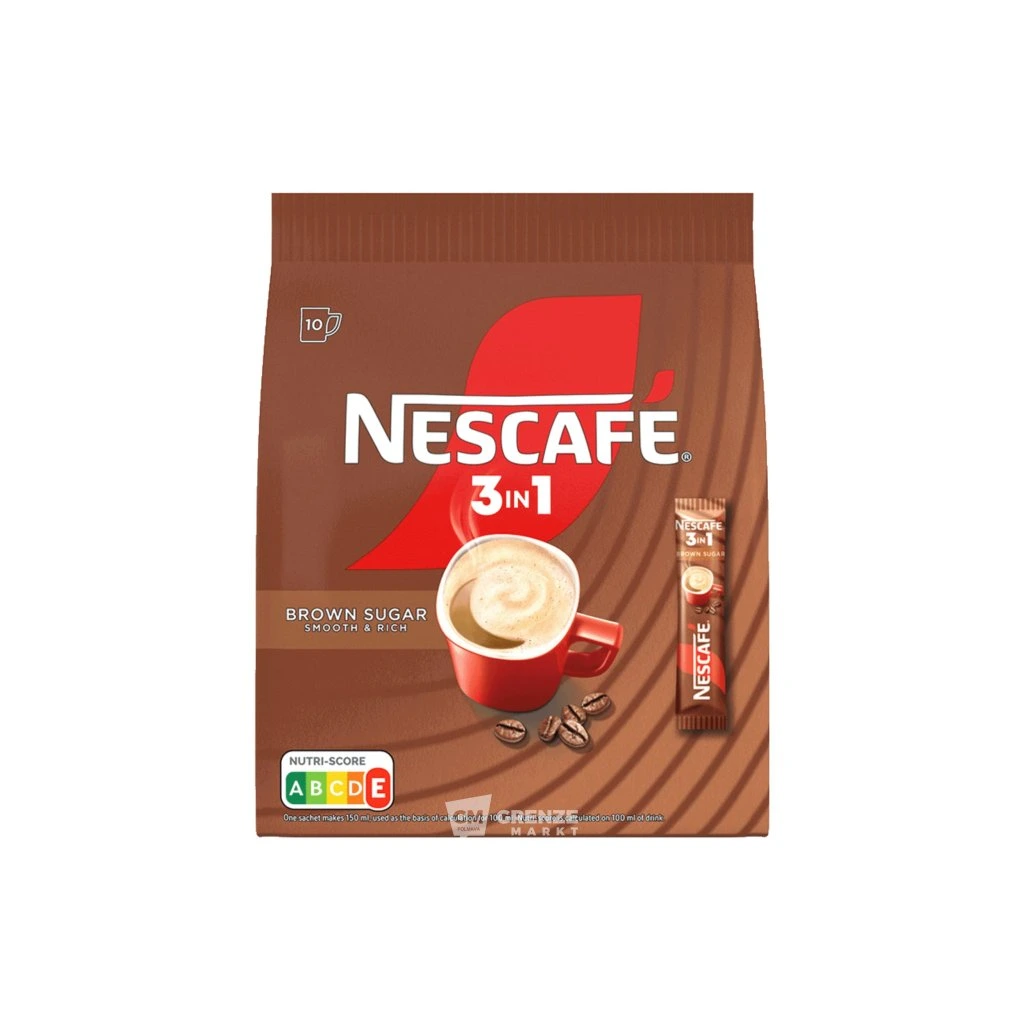 NESCAFE BROWN SUGAR 3in1 165g - Imavug NESCAFÉ 3-in-1 Brown Sugar coffee mix bag with a cup of coffee and coffee beans on the front