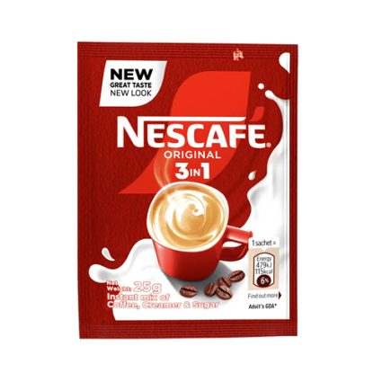 Nescafé Original 3 in 1 instant coffee sachet package (25 g) in red, showing a cup of coffee with splash graphics.