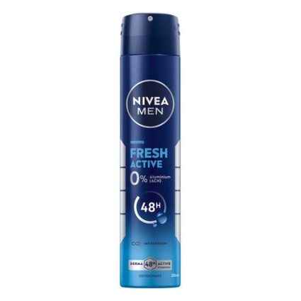 NIVEA MEN Fresh Active deodorant spray can, blue with white branding and 48h protection label.