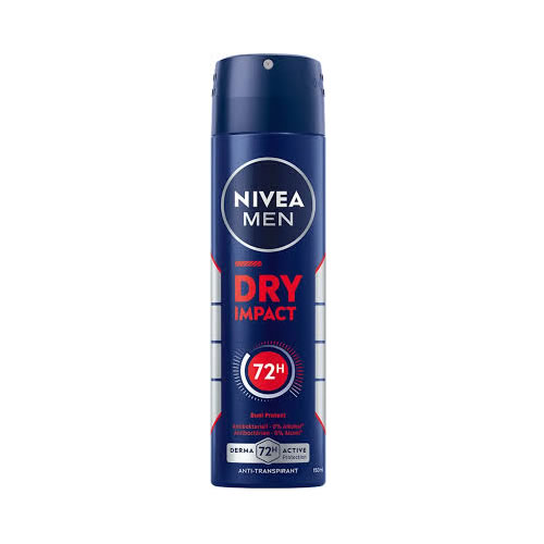NIVEA Men Dry Impact 72H Anti-Perspirant Spray - Imavug NIVEA Men Dry Impact antiperspirant spray can, blue with white logo and 72h protection badge.