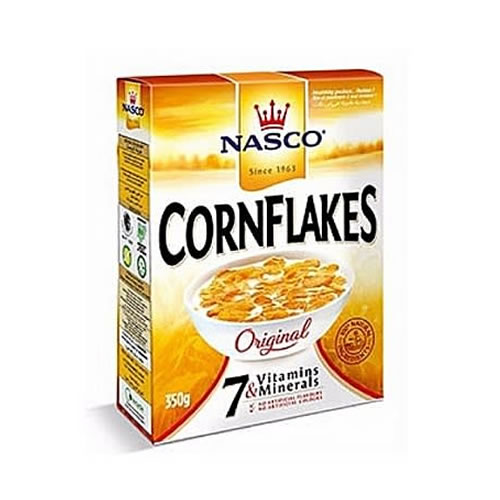 Nasco Cornflakes Crispy Cereal 350g - Imavug NASCO Cornflakes Original cereal box with a bowl of cornflakes on the front.
